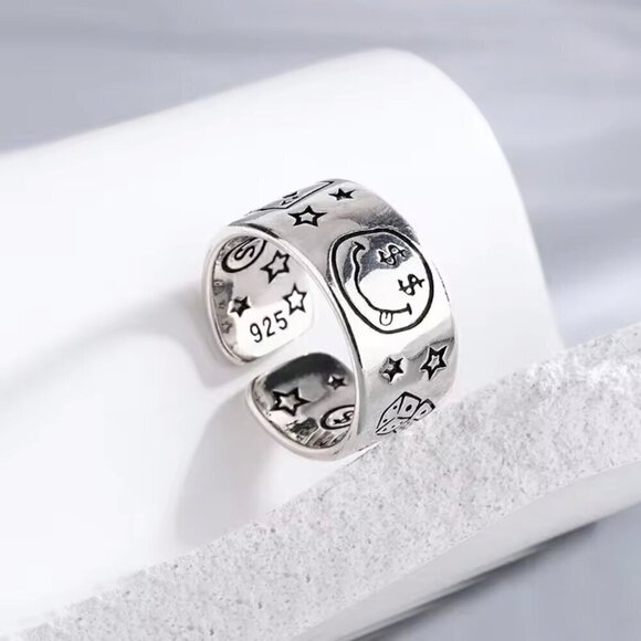 925 Sterling Smiley Happy Money Face Poker Boho Ring (Silver Face) #1380 - Picture 1 of 11